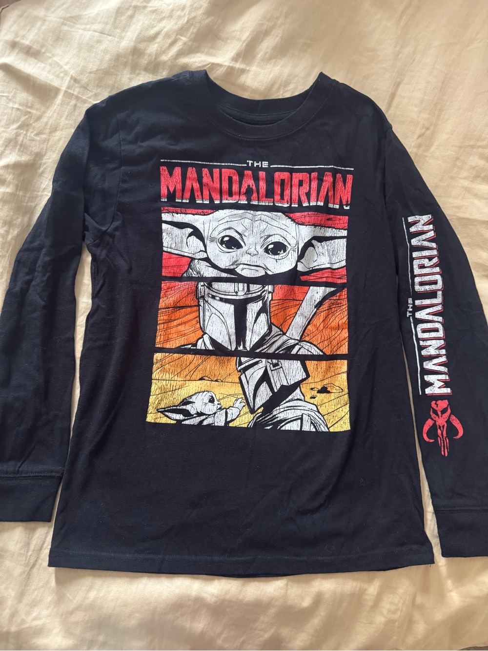 Fifth Sun Black Long Sleeve Mandalorian Tee with Red/Orange/Yellow Art
